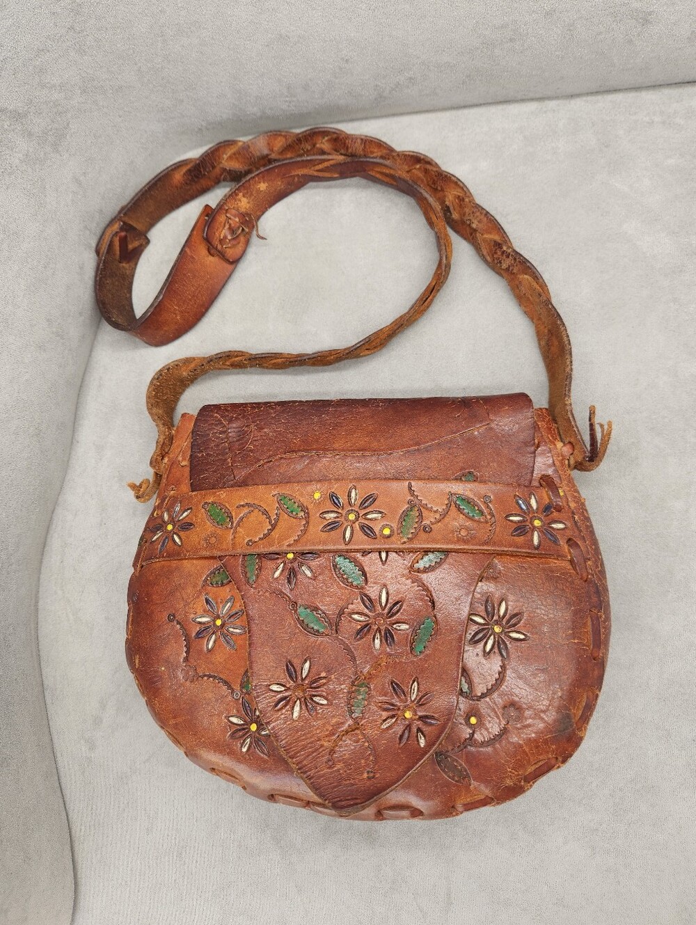 Vintage 70s Crossbody Bag Brown Leathers Handcrafted Floral Embossed Boho Hippie